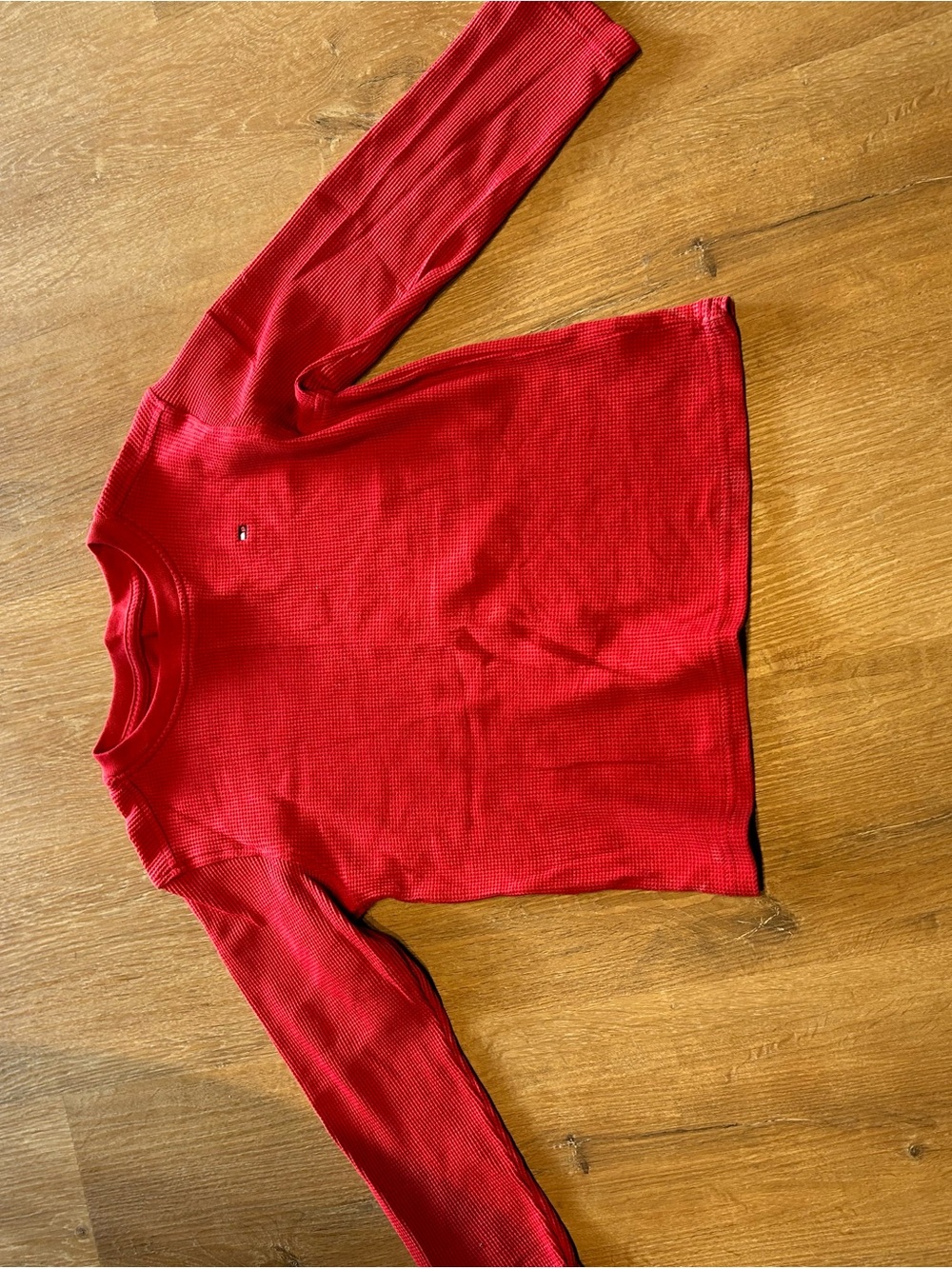 Tommy Hilfiger Bright Red Waffle Knit Crewneck Top and camel pants